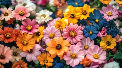 Colorful cosmos flowers blooming in garden, vibrant floral background, perfect for greeting cards