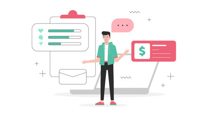 Entrepreneur reviewing dropshipping profit margins flat vector illustration