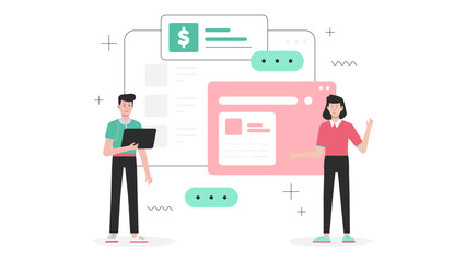 Fototapeta premium Digital marketer designing Facebook ads A/B test flat vector illustration