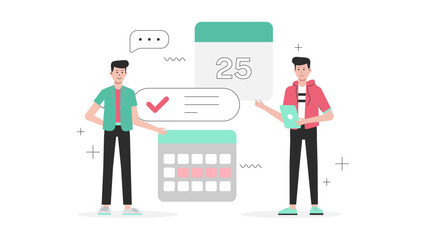 Employees submitting weekly remote check-ins flat vector illustration