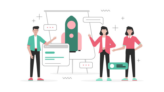 Startup team brainstorming pitch deck ideas flat vector illustration