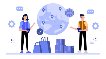 Fototapeta premium Sales team coordinating multi-country outreach, flat vector illustration