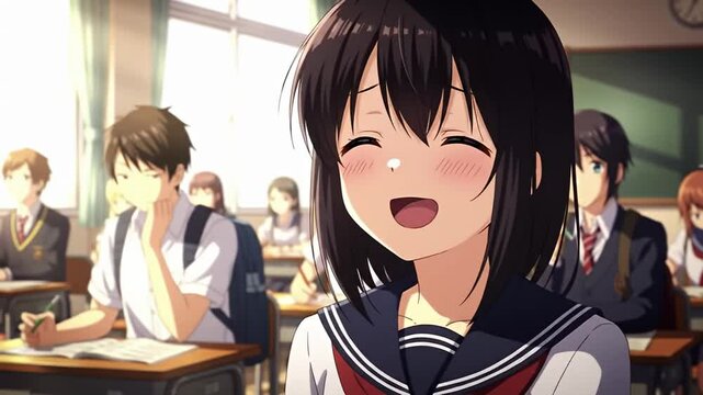 Smiling anime girl in a classroom setting with her classmates