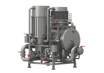 Isolated 3D Rendering of Industrial Equipment with Metal Pipes and Valves