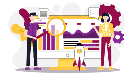 Startup team discussing go-to-market strategy, flat vector illustration