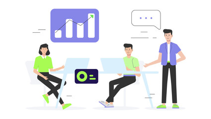 Startup team preparing for investor pitch meeting, flat vector illustration