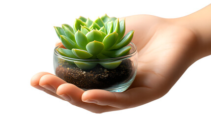 Realistic image of a hand holding a small, clear terrarium containing a single succulent plant, isolated on a pure Transparent background, symbolizing care for nature, contained ecosystem.