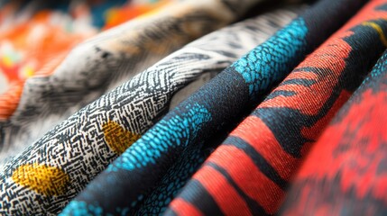 A bunch of different colored fabric with a blue stripe