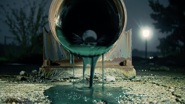 Green liquid pours from rusty pipe onto gravel surface, streetlight in blurry background