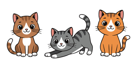 Adorable Cartoon Cats: Three Playful Cats Cartoon Illustrations in Different Poses Expression