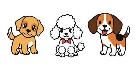 Adorable Cartoon Puppies: Golden Retriever, Poodle, and Beagle. Puppies Cartoon Illustrations in Different Poses Expression