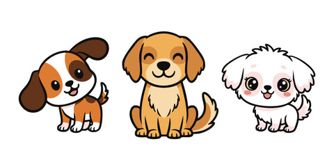 Adorable Cartoon Puppies: Beagle, Golden Retriever, and Maltese. Puppies Cartoon Illustrations in Different Poses Expression