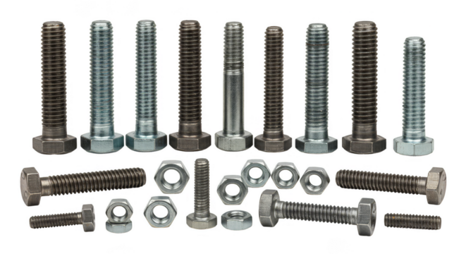 Isolated Transparent Hardware Bolts and Nuts Fasteners on Black Background