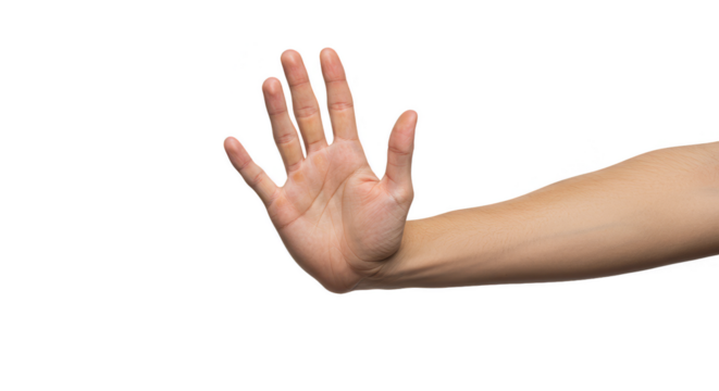 Isolated Transparent Human Hand Stop Gesture on White Background