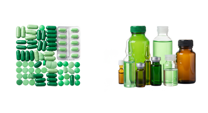 Isolated Transparent Grouping of Green Medicine Pills Capsules and Bottles