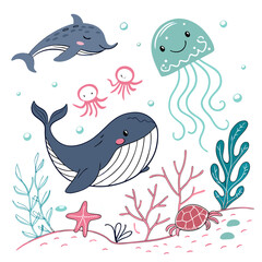 Obraz premium sea animals collection Colorful Hand-Drawn Summer Beach Doodle Set with Tropical Elements, Sea Creatures, and Holiday Symbols on White Background