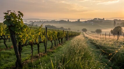 Fototapeta premium Serene Sunrise over Misty Vineyard Rows in Tuscany