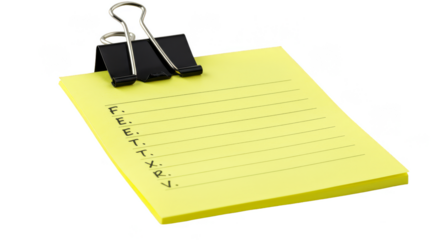 Isolated Transparent Image of Yellow Sticky Note with Binder Clip