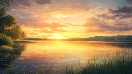 Obraz premium Tranquil lake reflecting the vibrant sunset, painted with warm golden hues