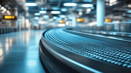 Airport baggage carousel curving, modern terminal, night