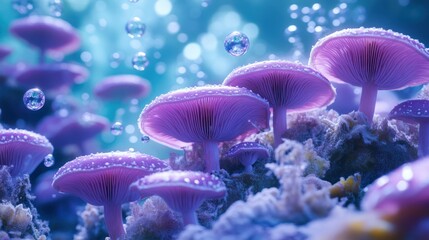 Enchanting pink mushrooms underwater, bubbles, fantasy forest, whimsical background, game design