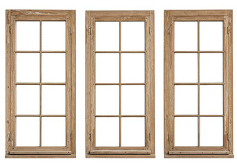Isolated Transparent Old Wooden Frame Window Rustic Three Panel