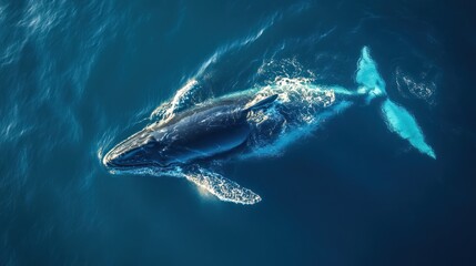 Fototapeta premium Humpback whale ocean swimming aerial view, sunlight, travel