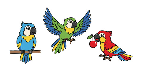 Colorful Cartoon Parrots Illustration: A Trio of Tropical Birds Illustrations in Different Poses Expression. Cartoon Bird Vector