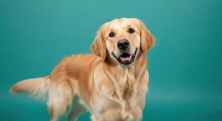 Golden Retriever Portrait Against Teal Background
