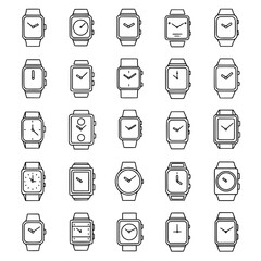Collection of 25 minimal line watch icons, featuring various smartwatches and wristwatches for tech and fashion designs.