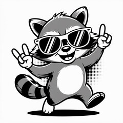 Fototapeta premium Cool Cartoon Raccoon with Sunglasses Making Rock Hand Sign — Bold Vector on White