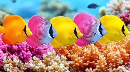 Tropical fish swimming in colorful coral reef aquarium

