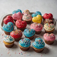 A tray of colorful heart-shaped cupcakes with sprinkles and frosting
