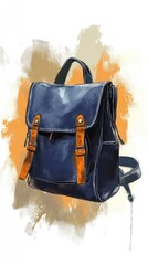A blue backpack with a brown strap