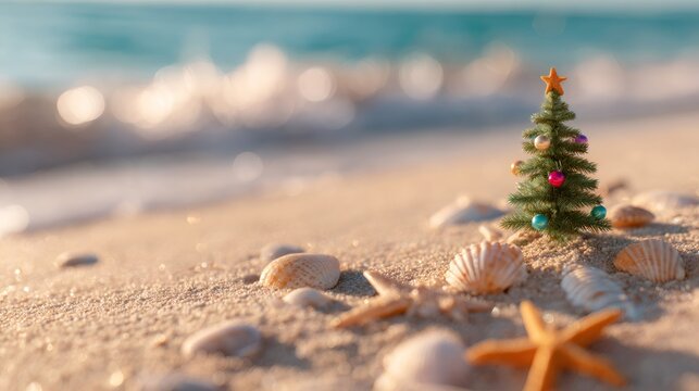 Small decorated christmas tree on tropical beach near ocean wave. Holiday celebration concept for greeting card and new year.