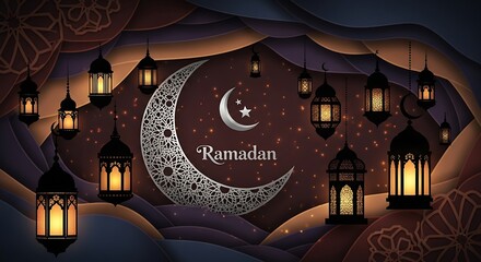 Ramadan Kareem Elegant Crescent Moon and Lanterns Paper Cut Design
