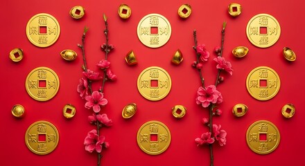 Lunar New Year Celebration Gold Coins and Plum Blossoms