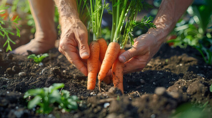 A close-up of hands harvesting fresh vegetables from a garden	A close-up of a person's hands, with a bit of soil on them, gently pulling a bunch of fresh, organic carrots from the earth in a garden.
