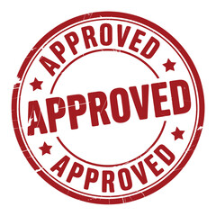 Red circular stamp with the word approved repeated multiple times