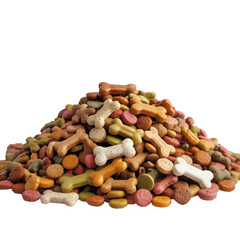Pile of colorful dog bone shaped and round kibble treats isolated on transparent background