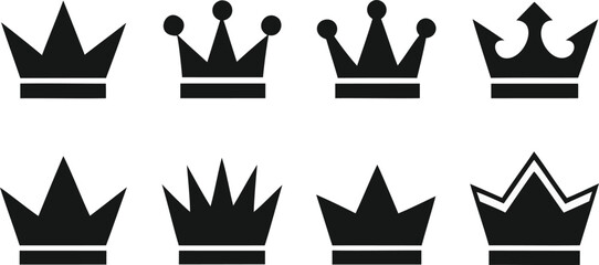 8 Minimal Crown Icons Set – Flat Vector Design on White Background.