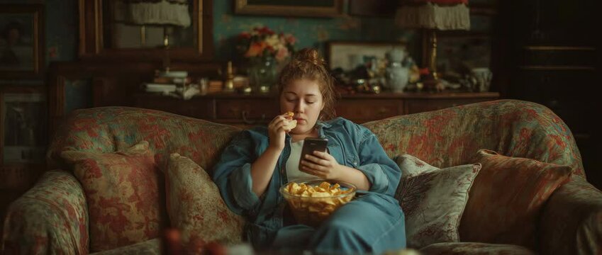 sedentary way of life and obsessive eating.  An obese woman munching chips while lounging on a sofa and using a smartphone