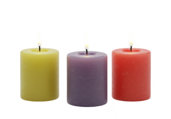 Isolated Transparent Three Candles Flame Wax Light in Yellow Purple and Red