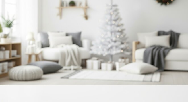 A rustic wooden table in the foreground, with a blurred background view of a snowy village at night from a window, with distant lights creating a magical bokeh.