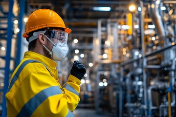 A worker in a protective mask handling hazardous materials in a chemical processing plant, clean and professional composition, copy space, natural color, minimalism, stock photography