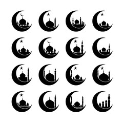 Islamic Mosque Silhouette with Crescent Moon, Ramadan and Eid Festival Vector Set.