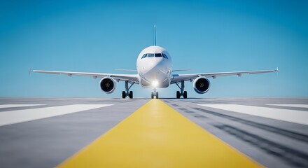 Naklejka premium A white airplane with engines on a runway under a clear blue sky ready for takeoff or landing view