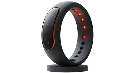 Realistic shot of a smart ring device on a stand, showcasing its sleek design, isolated on a pure Transparent background, representing wearable tech, health tracking.