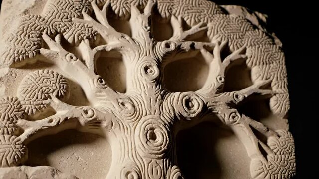 Stone carving of tree with circular motifs and leaves