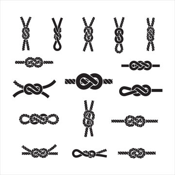 Collection of various nautical knots and rope ties on a white background